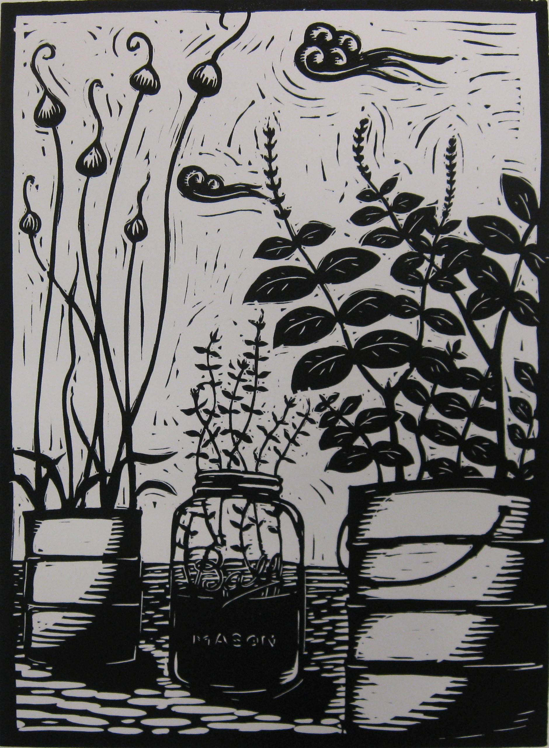 Black and white print of plants growing from buckets and jars.